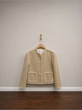 Zara ZW Collection Textured Tweed Fringe Jacket S